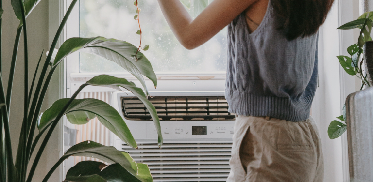 Eine Person steht vor einer Elektro-Speicherheizung in einer hellen Wohnung mit Zimmerpflanzen.